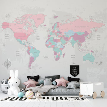 Papel de Parede com Mapa Mundi Rosa, Cinza e Verde